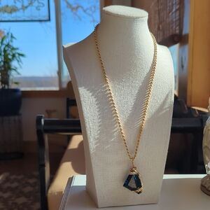 12K Yellow Gold Filled Necklace with Blue Faceted Glass Pendant/Necklace